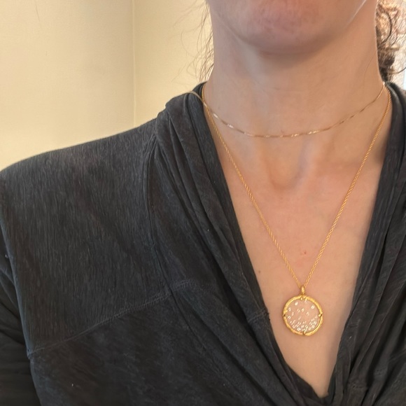 Catherine Weitzman Gold Plated Circular Pendant Necklace with Clear Crystals - Picture 2 of 7